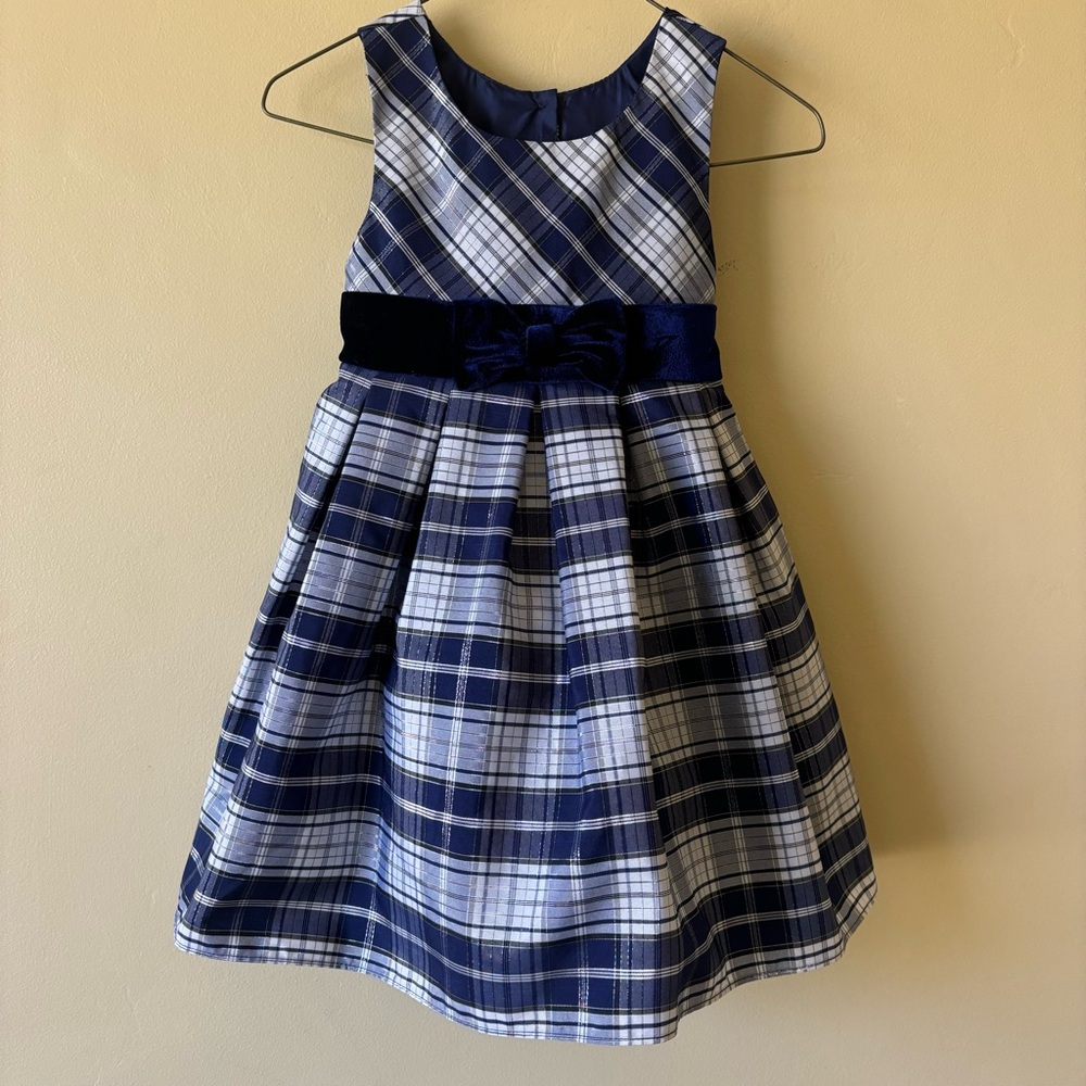 Classic Toddler Girl Holiday Dress Blue plaid with bow 2T